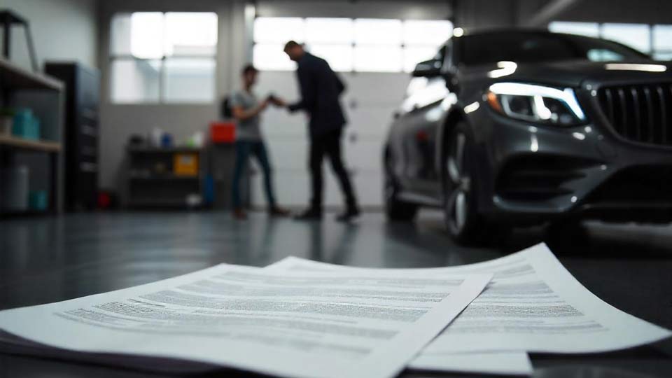 Auto mit Getriebeschaden in einer Werkstatt in Lünen; Infografik mit Reparaturkosten und Verkauf.